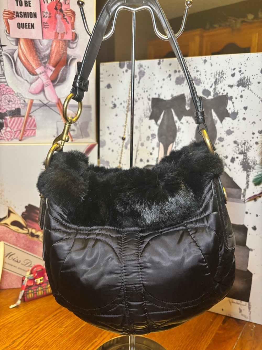 Coach 3586 Black Quilted Satin Rabbit Fur Trim Hobo Bag EUC Y2K Rare